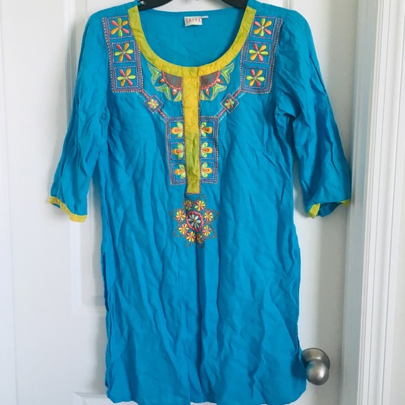 Satya embroidered 3/4 sleeve blue yellow cotton tunic size medium - Picture 1 of 8